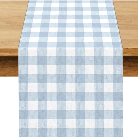 Dusty Blue Gingham Table Runner Light Blue Checkered Boy Girl Baby Shower Birthday Party Decoration Home Dining Kitchen Island Decor (13" x 72")