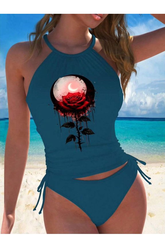 Dusty Blue Halter Tankini Swimsuit With Gothic Rose Moon Print Ruched Two-Piece Set