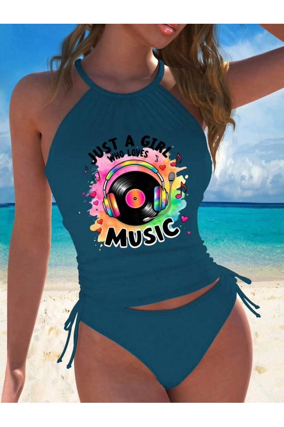 Dusty Blue Halter Tankini Swimsuit With Vinyl Music Graphic Print