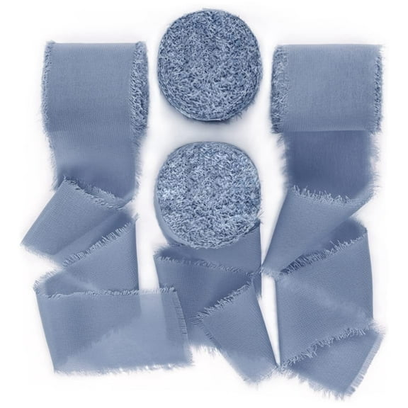 Dusty Blue Handmade Fringe Chiffon Silk Ribbon 1-3/4" x 7Yd 4 Rolls Frayed Ribbons for Wedding Invitations Bridal Bouquets Wrapping