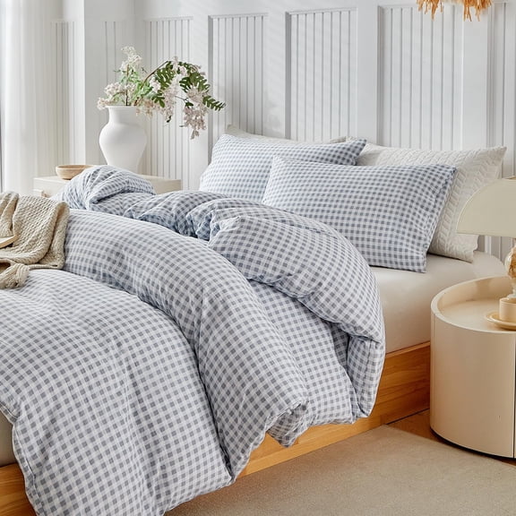 Dusty Blue King Gingham Washed Microfiber Bedding Set