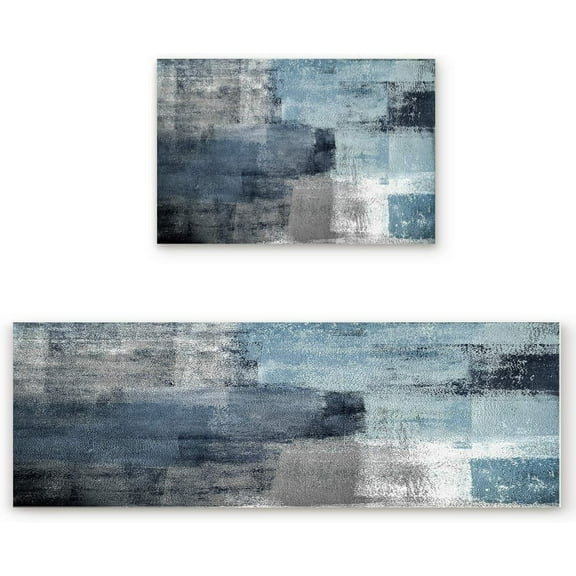 Dusty Blue Kitchen Rugs and Mats Set of 2 Blue Grey Abstract Mordern Kitchen Sink Mat,Non-Slip Area Runner Rug,Washable Floor Mat for Home Dining Room Office 15.7"x23.6"+15.7"x47.2"