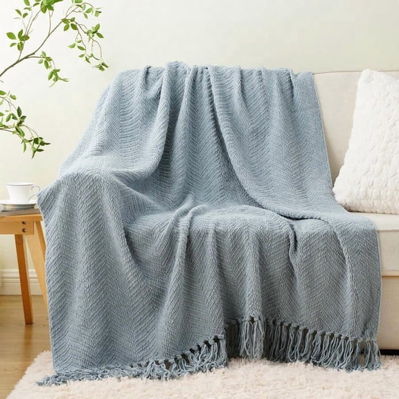 Dusty Blue Knitted Chevron Throw Blanket With Fringe For Sofa Bed Home Decor