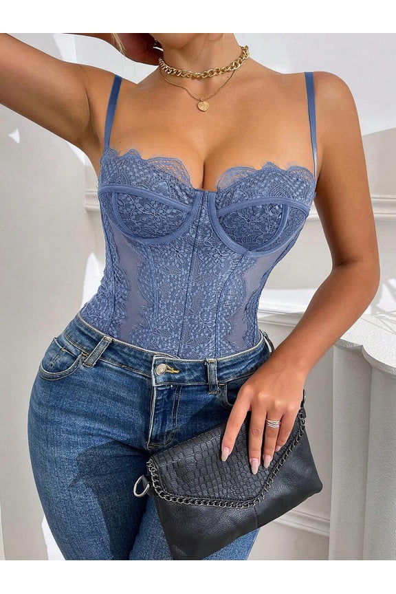 Dusty Blue Lace Trim Bodysuit With Spaghetti Straps And Underwire Support