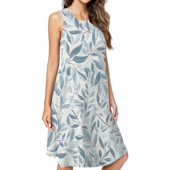 Dusty Blue Leaf Pattern Spring Summer Dresses For Women Fashion Dress Casual Sleeveless Loose Sundress With Pockets