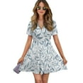 thumbnail image 1 of Dusty Blue Leaf Pattern Women Dress V-Neck Short Sleeve Flowy Swing Party Midi Dress, 1 of 4
