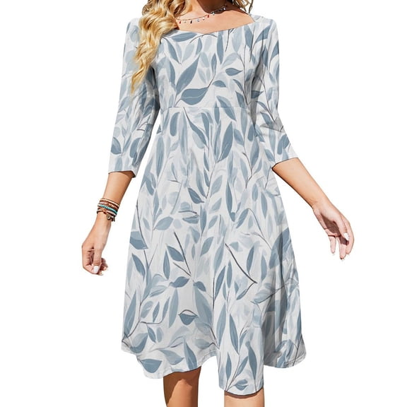 Dusty Blue Leaf Pattern Women's 3/4 Sleeve Dresses Elegant A-Line Midi Dress Flare Summer Casual Sundress