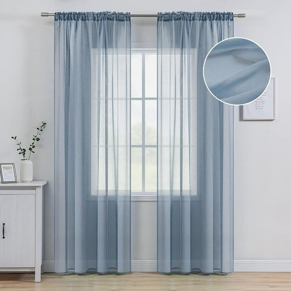 Dusty Blue Linen Textured Sheer Curtains 84 Inches Long 2 Panels for Bedroom Living Room Semi Transparent Farmhouse Light Window Net with Rod Pocket W 54 x L inch Length