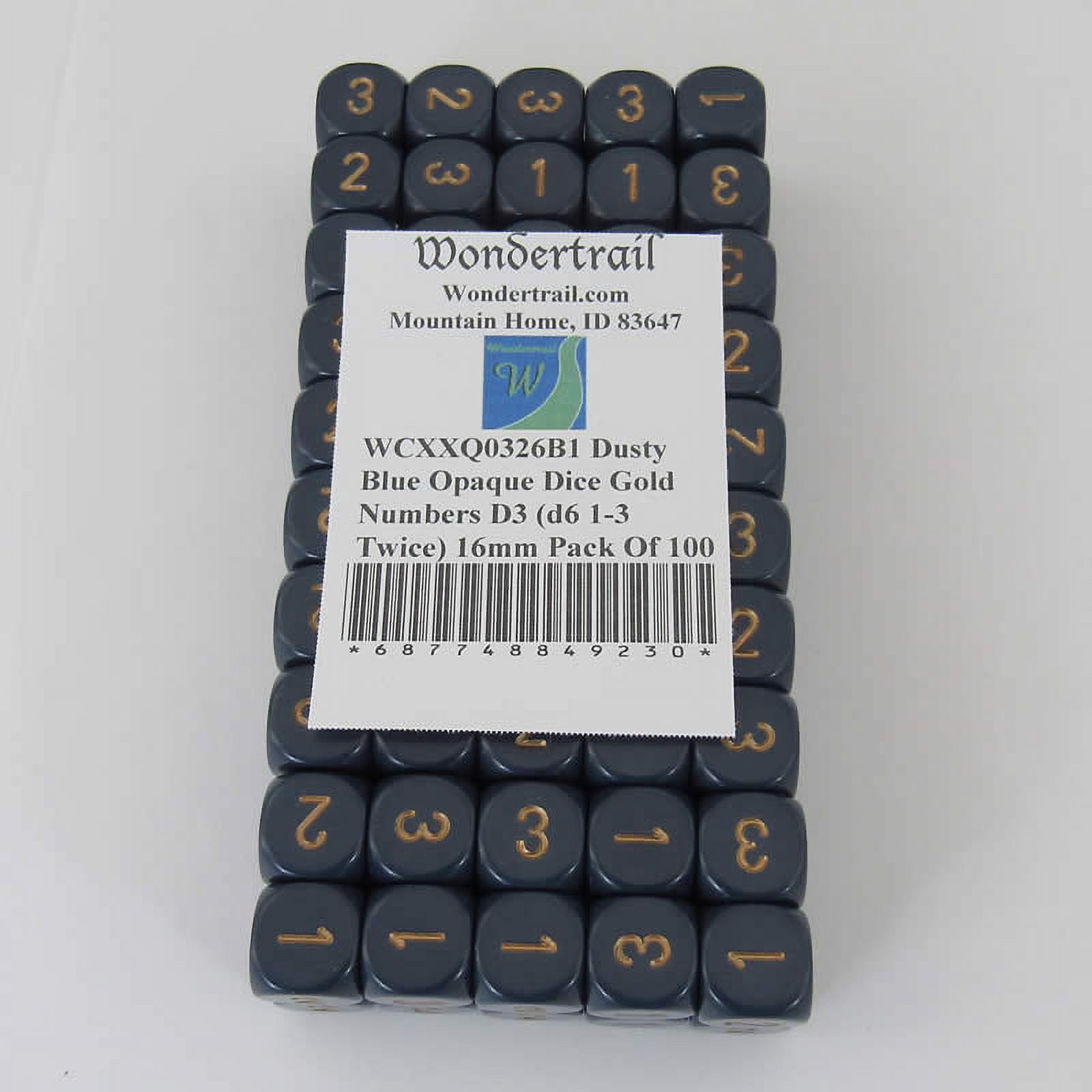 Wondertrail 12 Pack Dusty Blue Dice - D3 (d6 Numbered 1-3 Twice) 16mm With Gold Numbers - View #9