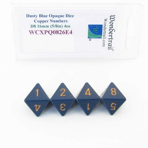 Dusty Blue Opaque Dice with Copper Numbers D8 Aprox 16mm (5/8in) Pack of 4 Wondertrail