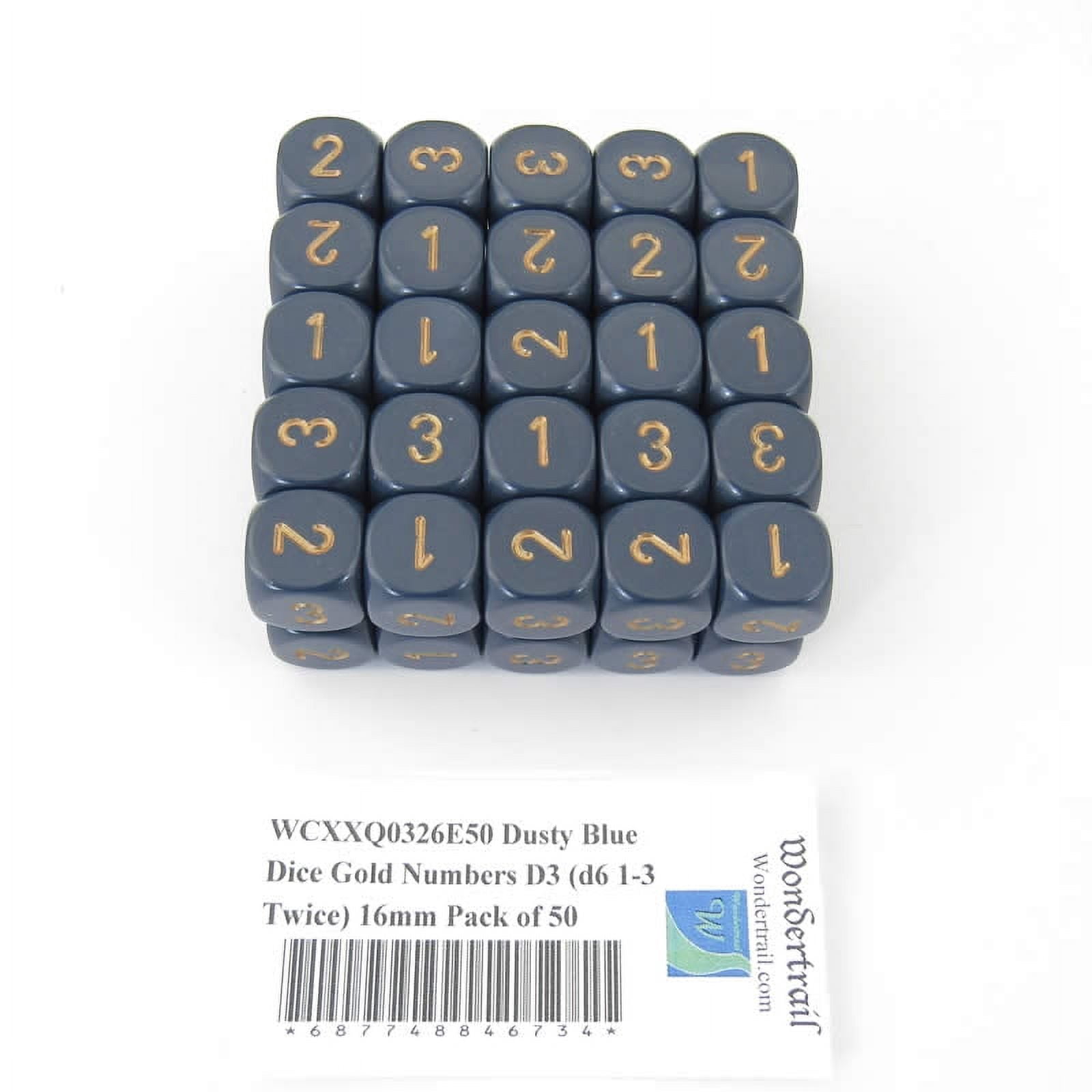 Dusty Blue Opaque Dice with Gold Numbers D3 (d6 1-3 Twice) 16mm (5/8in) Pack of 50 Wondertrail