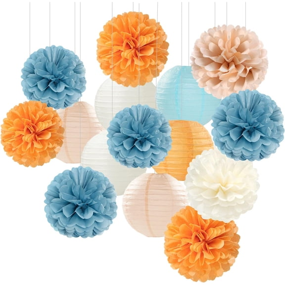 Dusty-Blue Orange Party-Decorations Paper-Flowers Lanterns - 15pc Boho Fall Peach Beige Tissue Pom Poms Streamers,Birthday Bachelorette Bridal Baby Shower Engagement Wedding Graduations Decor