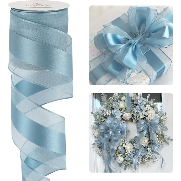 Dusty Blue Organza Wired Ribbon with Satin Stripe 2.5 inch Blue Sheer Wired Ribbon for Bows Making, Wreaths, Gift Wrapping, Bridal Shower Wedding Decor Decor-Continous 10 Yards