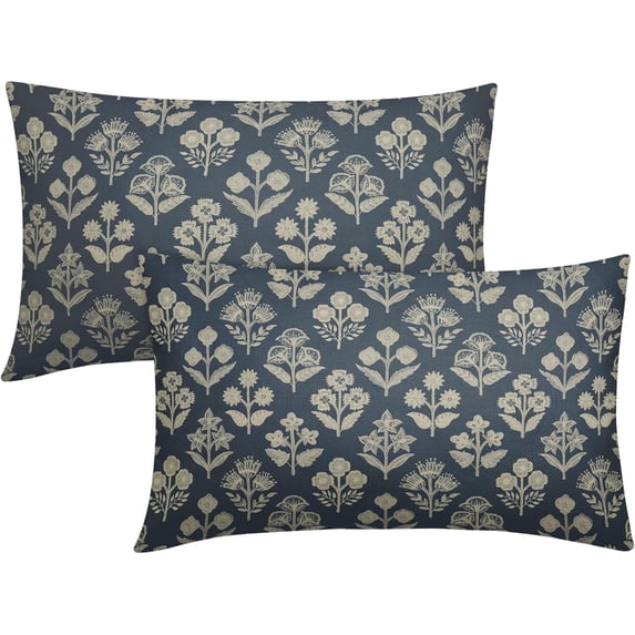 Dusty Blue Pillow Covers 12x20 Inch Set of 2, Cream Floral Block Print Pattern Lumbar Decorative Throw Pillowcases Outdoor Farmhouse Rectangle Cushion Covers Spring Summer Sofa Couch Bed Decor