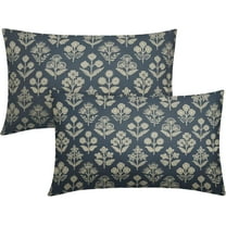 Dusty Blue Pillow Covers 12x20 Inch Set of 2, Cream Floral Block Print Pattern Lumbar Decorative Throw Pillowcases Outdoor Farmhouse Rectangle Cushion Covers Spring Summer Sofa Couch Bed Decor