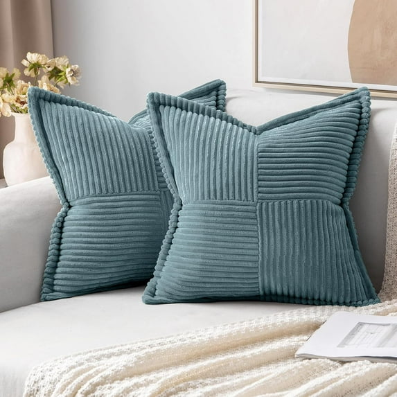 Dusty Blue Pillow Covers 18x18 inch Set of 2 Super Soft Decorative Striped Corduroy Pillow Covers with Splicing Broadside Boho Couch Pillowcases for Sofa Cushion Livingroom Bedroom