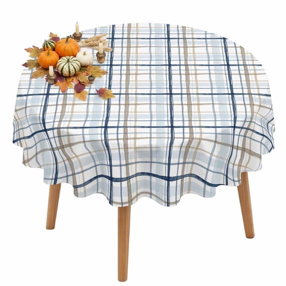 Dusty Blue Plaid Round Tablecloth 54 inches Country Blue Tan Lines Grid Stripes Rustic Waterproof Oil-Proof Table Cloth Round Table Cover for Holiday Party Picnic Dinner Decor Indoor and Outdoor Use