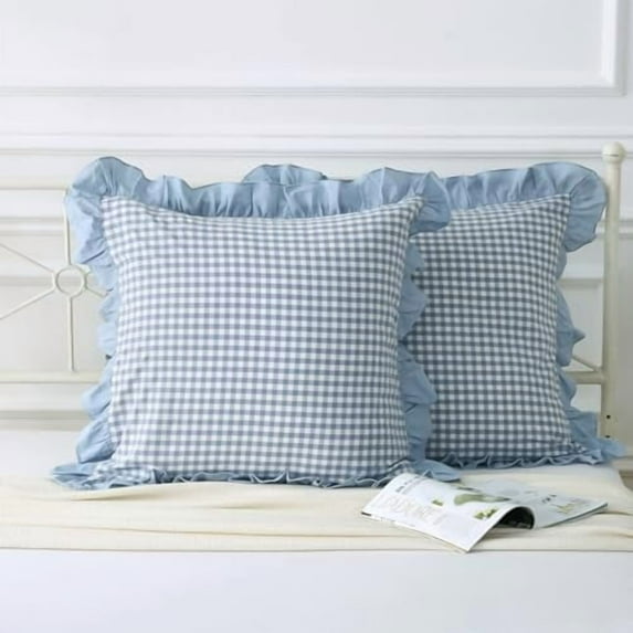 Dusty Blue Plaid Ruffle Throw Pillow Covers for Couch 20"x20",2 Pack Vintage Checkered Washed Cotton Pillow Cases for Bed, Sofa, Living Room