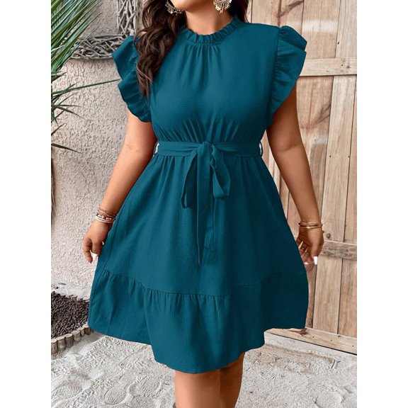Dusty Blue Plus Size Ruffle Sleeve Belted A-Line Casual Dress