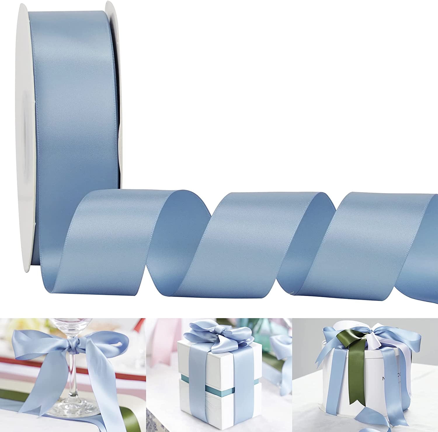 Dusty Blue Ribbon 1-1/2 inch Double Face Satin Ribbon Silk Ribbons 50 Yards Roll for Gift Wrapping Bows Making Floral Bouquet Wedding Invitations Decor Party Favor and Craft Supplies