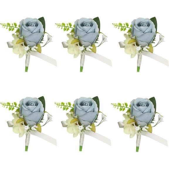 Dusty Blue Rose Boutonniere for Men Wedding, Groom and Best Man Boutonnieres with Artificial Flower for Wedding Prom Party (Dusty Blue)