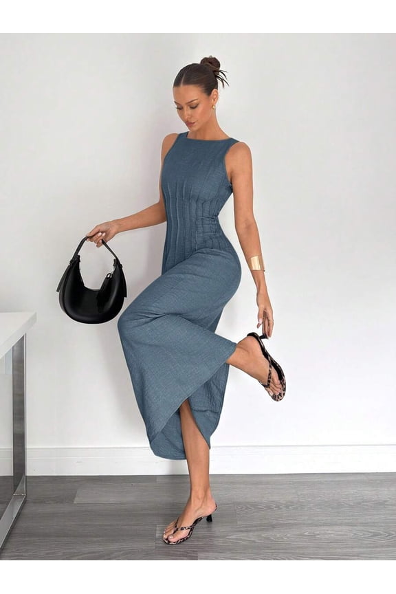 Dusty Blue Ruched Waist Sleeveless A-Line Maxi Dress With Side Slit, Slimming Summer Dress For Women