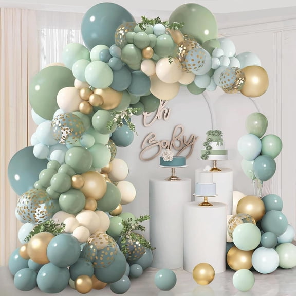 Dusty Blue Sage Green Balloon Arch Kit with Pastel Blue Green White and Gold Confetti Balloons Garland for Wedding Bridal Shower Birthday Party Decor