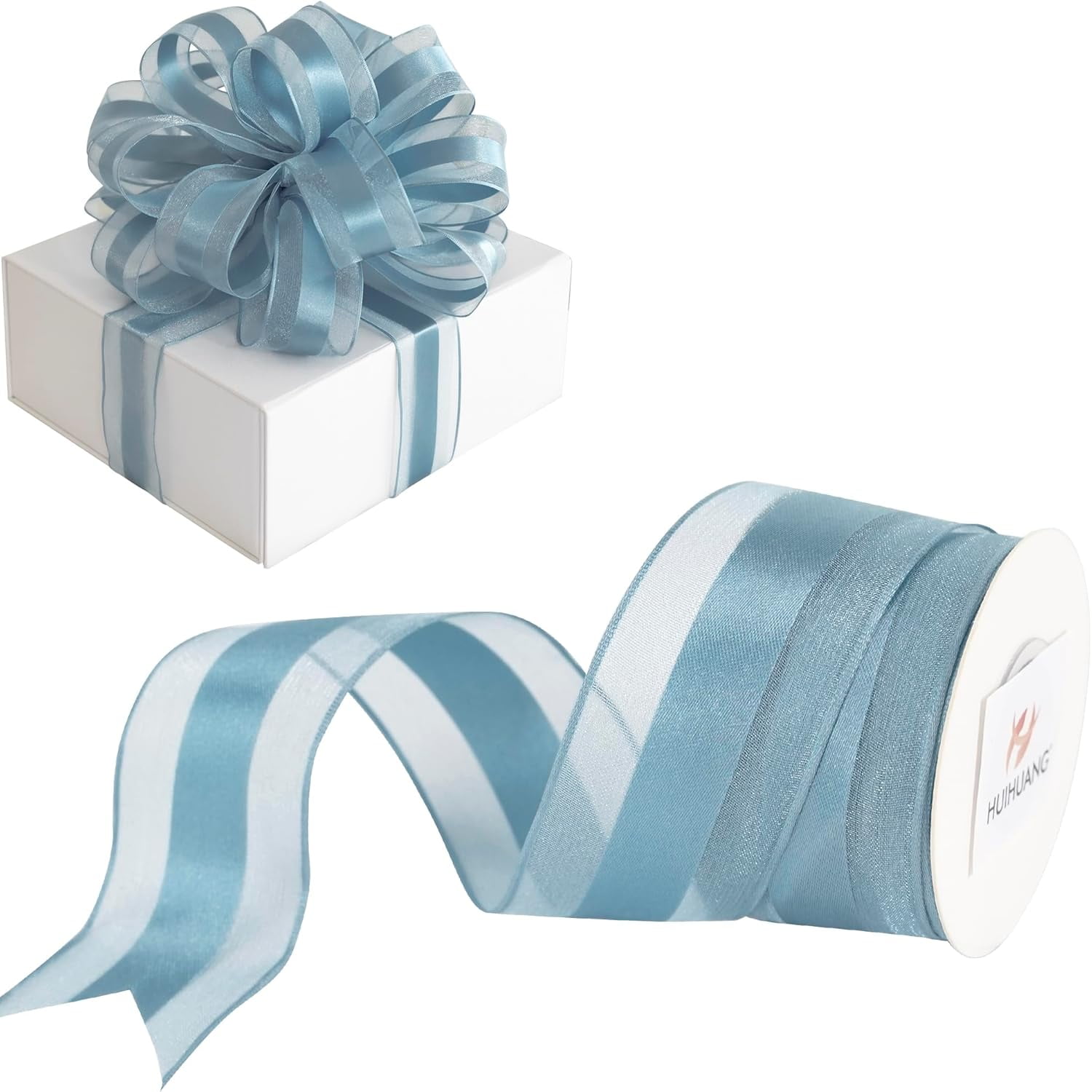Dusty Blue Sheer Wired Ribbon with Satin Stripe 1-1/2" Blue Wired Ribbon for Bows Making, Wreaths, Gift Wrapping, Bridal Shower Wedding Decor, Thanksgiving Decor-Continous 10 Yards