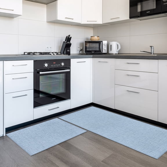 Dusty Blue Solid 2 Pieces Non-Slip Kitchen Mat Set, Minimalist Tropical Blue Linen Texture Coastal Soft Door Mat with Rubber Backing, Dirtproof Rugs for Entrance Doorway, 15.7 x 47.2in