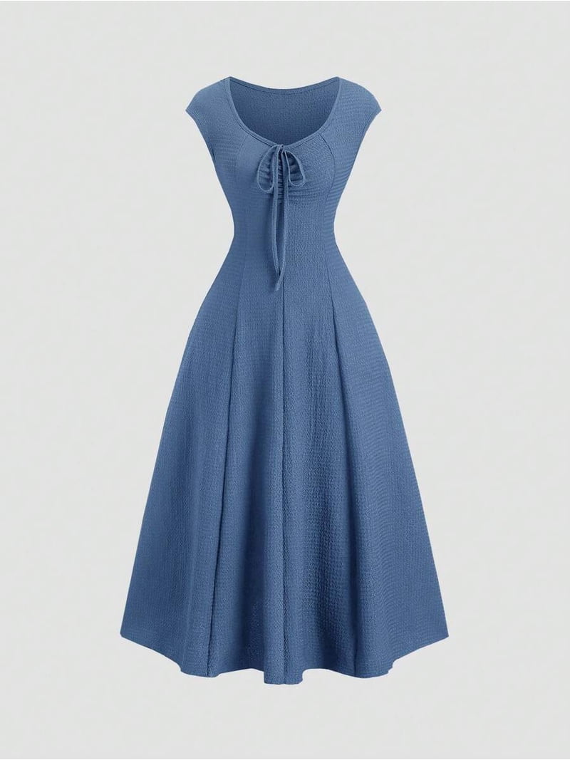 Dusty Blue Solid Color Cinching Waist Fitted Knit A-Line Maxi Dress With Tie Front, Women's, Size: Medium