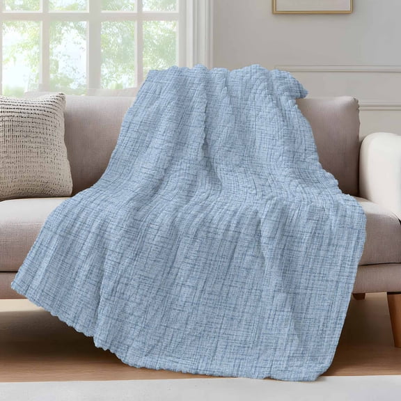 Dusty Blue Solid Throw Blanket for Couch Minimalist Tropical Blue Linen Texture Coastal Soft and Warm Flannel 3D Striped Fluffy Fuzzy Fleece Blanket Lightweight Throw for Bed, Sofa 40 x 60 Inches