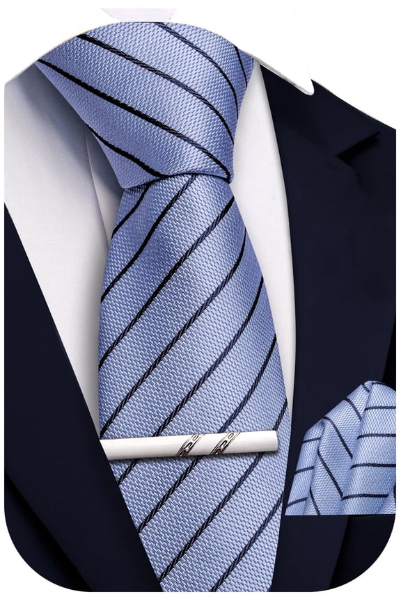 Dusty Blue Ties for Men Extra Long Tie Pocket Square Tie Clip Set Silk Striped 63" XL Big and Tall Necktie Business Formal