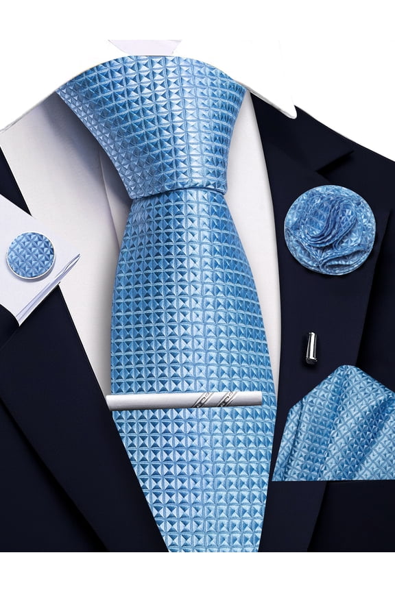 Dusty Blue Ties for Men Plaid Checkered Tie Set Silk Necktie Pocket Square Handkerchief Cufflinks Lapel Pin Tie Clip