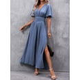 thumbnail image 1 of Dusty Blue V-Neck Butterfly Sleeve High Slit Maxi Dress For Women, 1 of 7