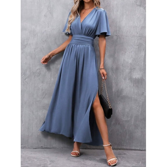 Dusty Blue V-Neck Butterfly Sleeve High Slit Maxi Dress For Women