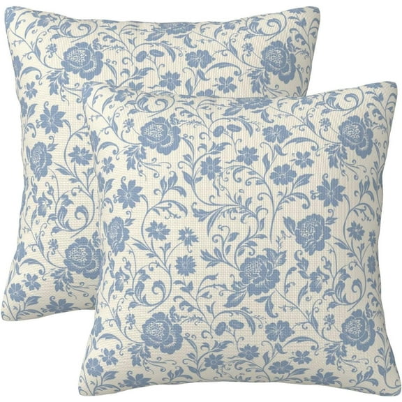 Dusty Blue Vintage Floral Pillow Covers 18x18 Set of 2 Rustic Flower Block Print Throw Pillows Outdoor Decorative Pillowcases Farmhouse Cushion Covers for Home Couch Sofa Bed Decor