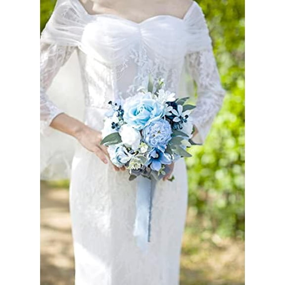 Dusty Blue Wedding Bouquets for Bride Bridesmaids Artificial Rose Flower Bridal Bouquet for Ceremony Anniversary, Bridal Shower and French Rustic Vintage Boho Wedding$$Home Decor, Kitchen, & Other