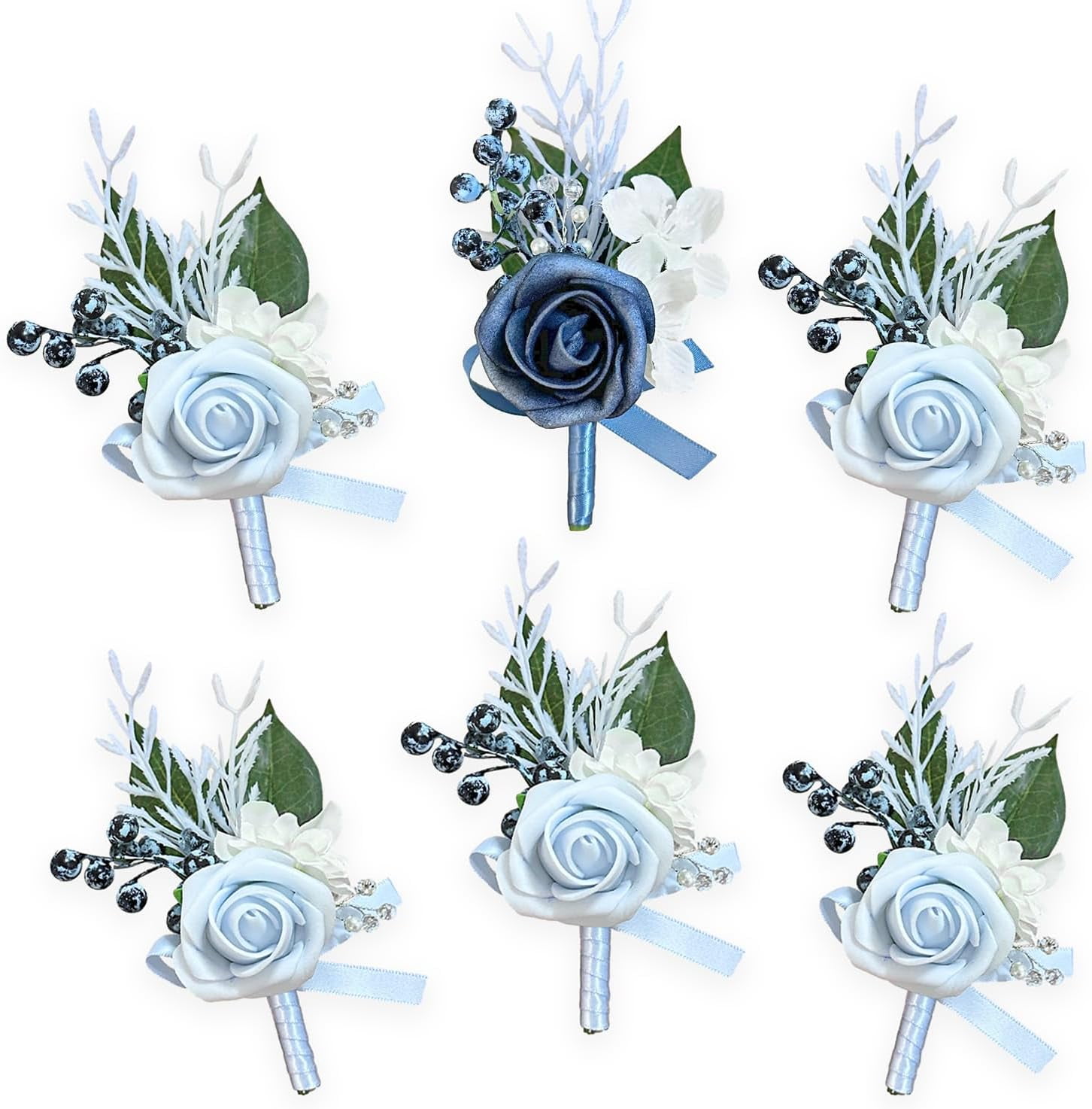Set Of 6 Dusty Blue Boutonnieres For Men - Artificial Rose Groom Wedding Accessories