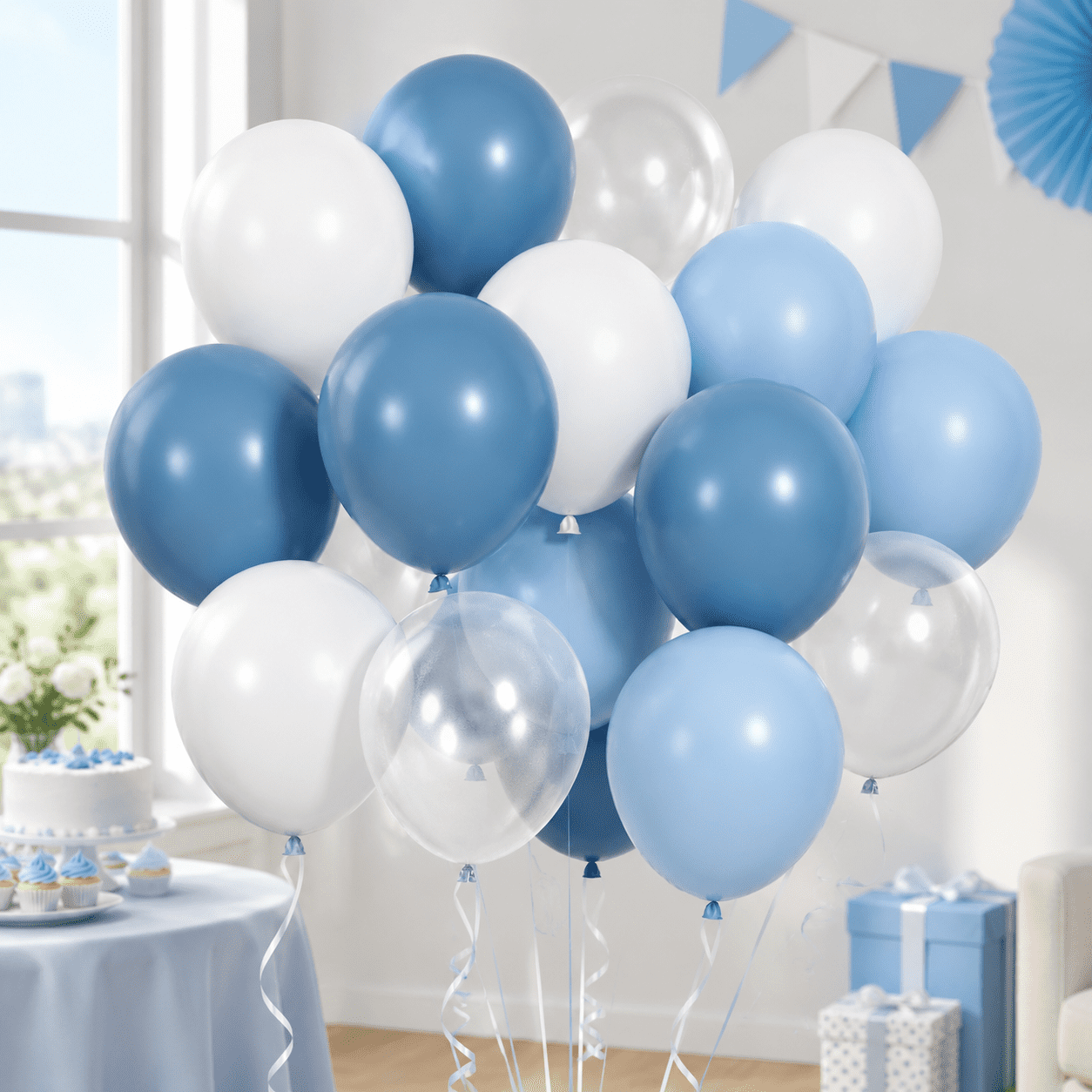 Dusty Blue White Balloons Set, Macaron Blue Balloon Transparent Balloon ...