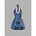 thumbnail image 1 of Dusty Blue Womens Halter Neck Lace Trim Satin A-Line Mini Dress, 1 of 5