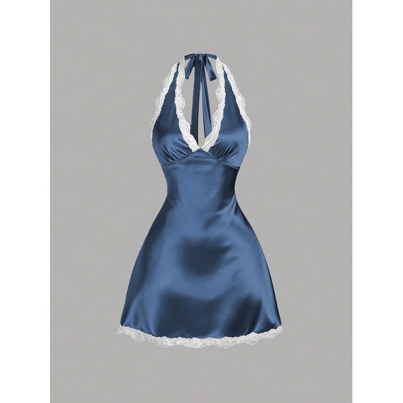 Dusty Blue Womens Halter Neck Lace Trim Satin A-Line Mini Dress