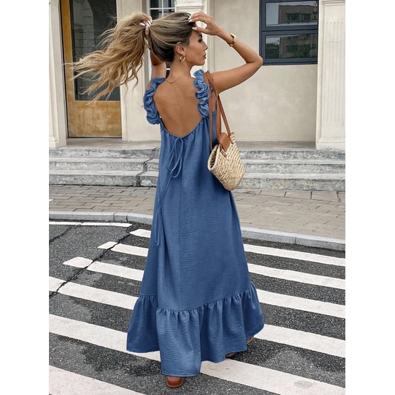 Dusty Blue Womens Sleeveless Ruffle Hem Maxi Dress With Open Back And Tie Detail