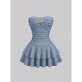 thumbnail image 1 of Dusty Blue Womens Strapless Ruched Bust Double Layer Ruffle Skirt Mini, 1 of 6