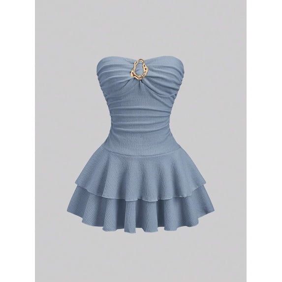 Dusty Blue Womens Strapless Ruched Bust Double Layer Ruffle Skirt Mini