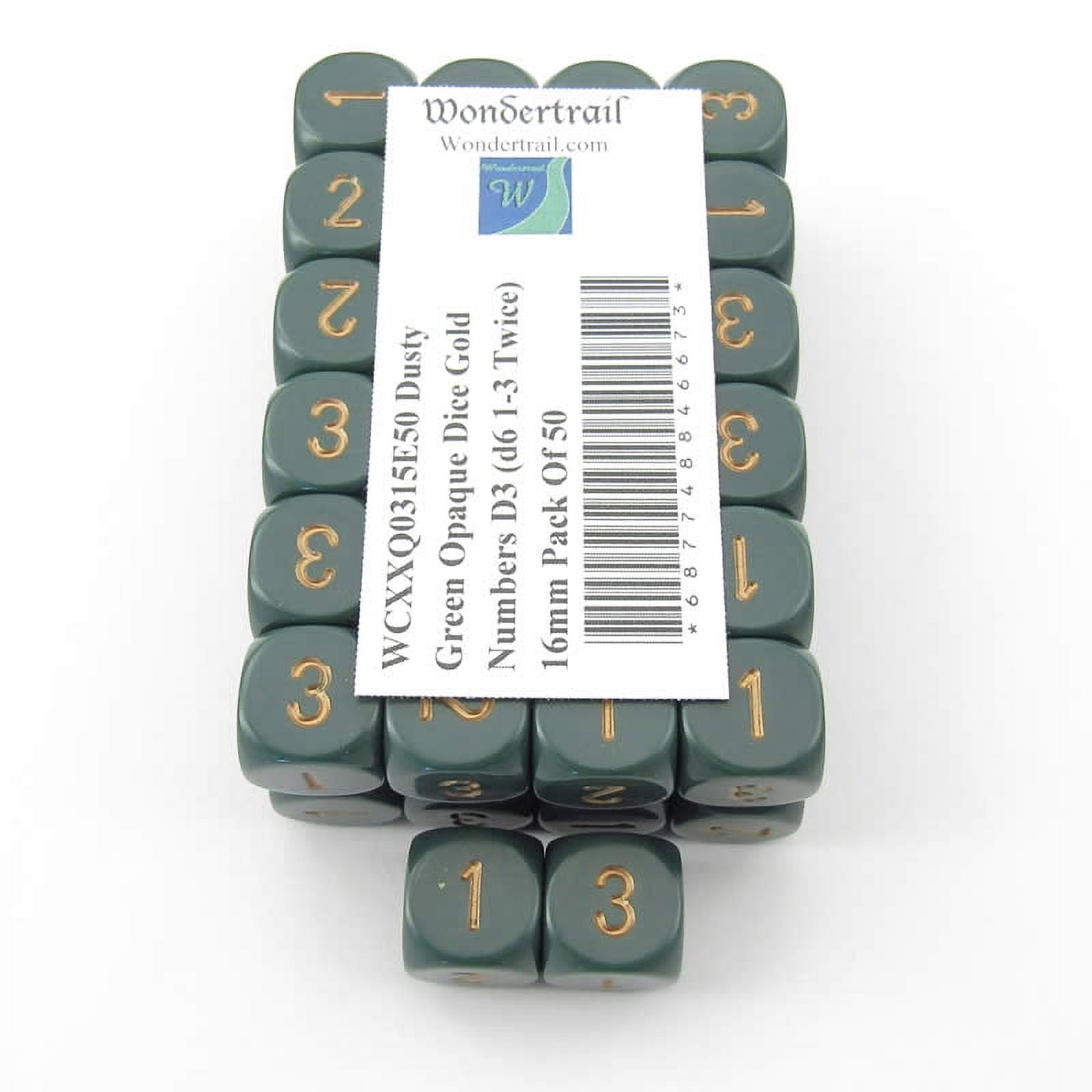 Wondertrail 12 Pack Dusty Blue Dice - D3 (d6 Numbered 1-3 Twice) 16mm With Gold Numbers - View #10