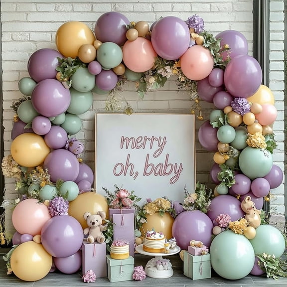 Dusty Green Pink Purple Yellow Balloon arch kit,Double Stuffed Haze Purple Mauve Pink Ivory Sage Green Lilac Light Yellow Balloons Garland for Brithday Wedding Wild Flower Princess Party Decorations