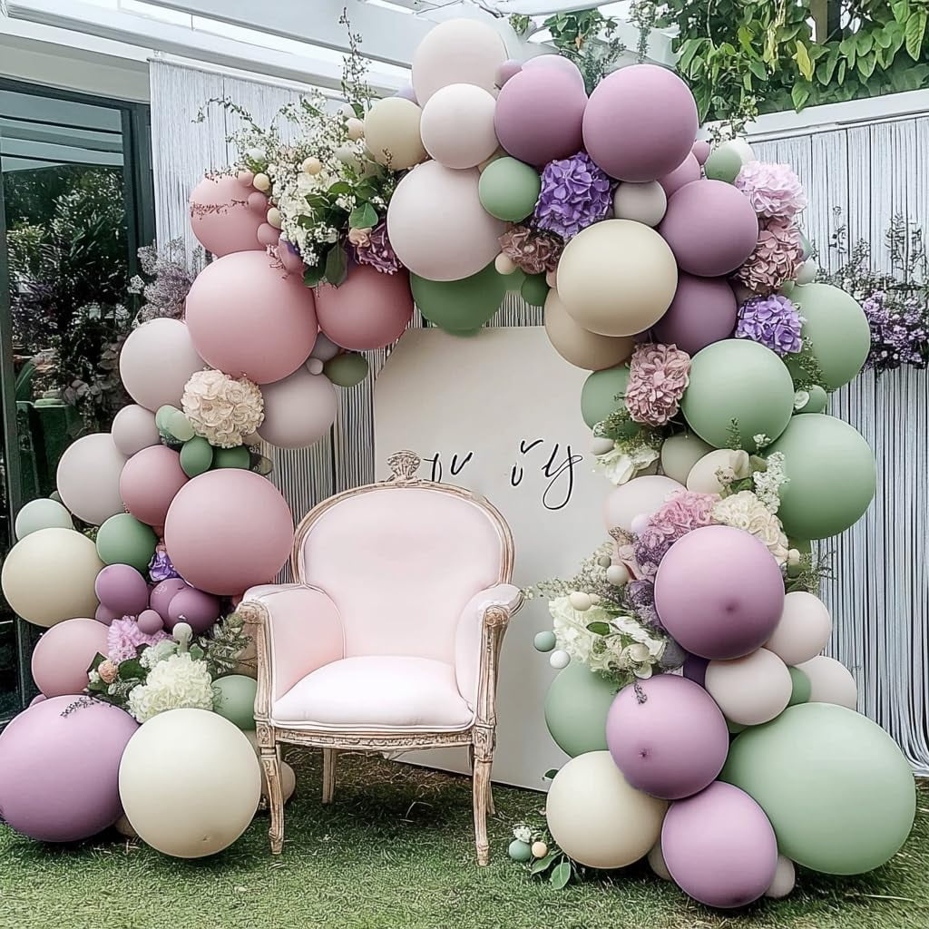Dusty Green Purple Balloon Pastel Green Lavender Pink White Sand Balloon Arch Kit Light Lilac Cream Balloons for Baby Shower Birthday Wedding Flower Fairy Party Decor