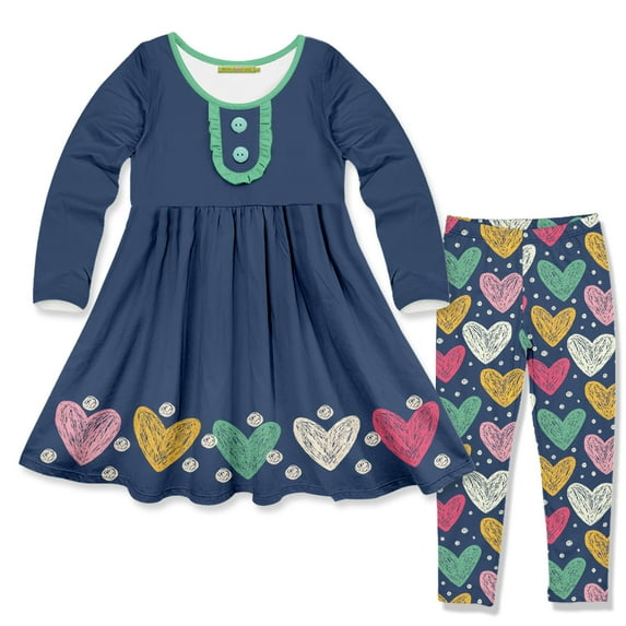 Dusty Navy Hearts Button-Accent A-Line Dress & Leggings