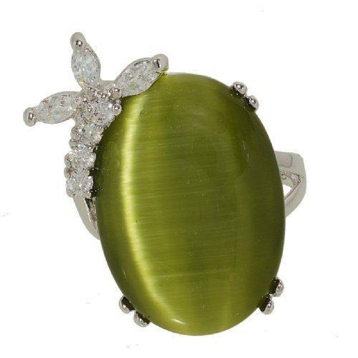 Dusty Olive Green Cat Eye Big Oval Clear Stones Ring
