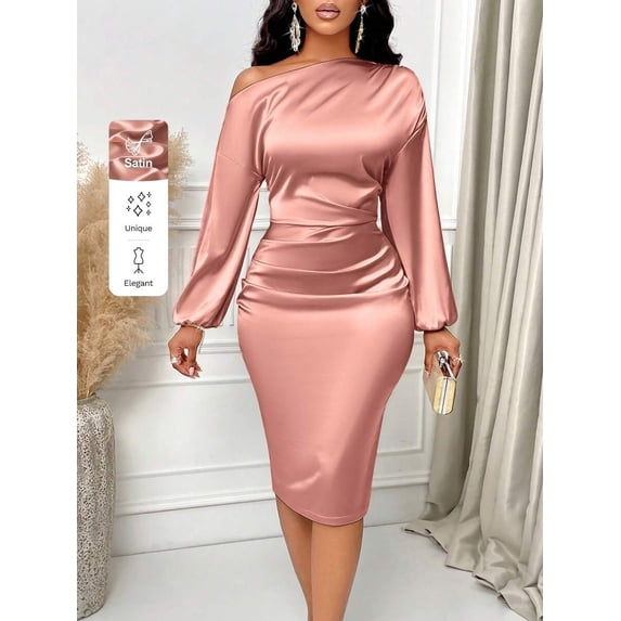 Dusty Pink Asymmetric Off-Shoulder Ruched Satin Bodycon Midi Dress
